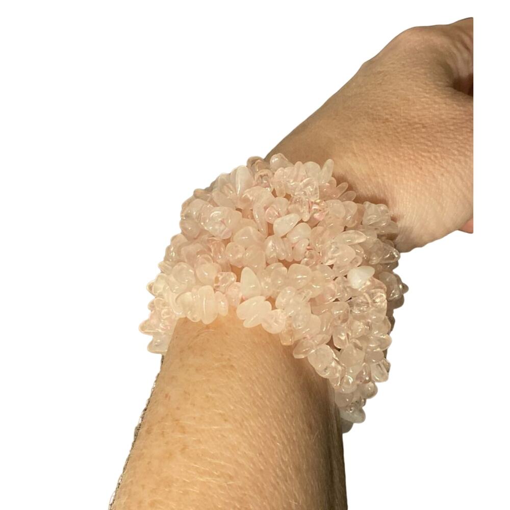 Polished Pink Rose Quartz Bracelet Stretch w/ 4-5mm nuggets & beads, 2 inch wide - Picture 5 of 5